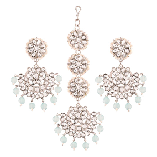 Gold-Polished With Matte Finish Traditional Kundan & Faux Pearl Chandbali Earrings With Maang Tikka Set - Wahe Jewels - Swadesiicart