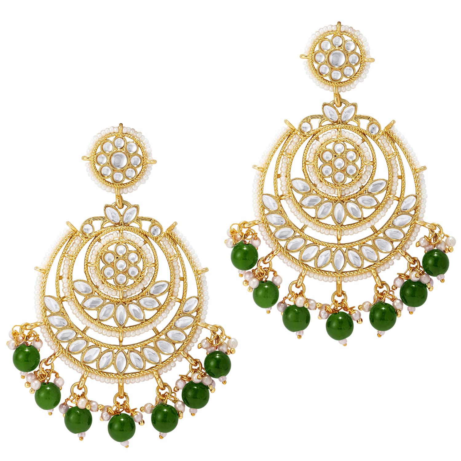 Gold-Polished Traditional Beaded Chandbali Earrings Glided With Kundans & Pearls For Women/Girls - Wahe Jewels - Swadesiicart