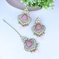 Gold-Polished Traditional Pearl Hanging Kundan Stone Chandbali Earring With Maang Tikka For Women/Girls - Wahe Jewels - Swadesiicart