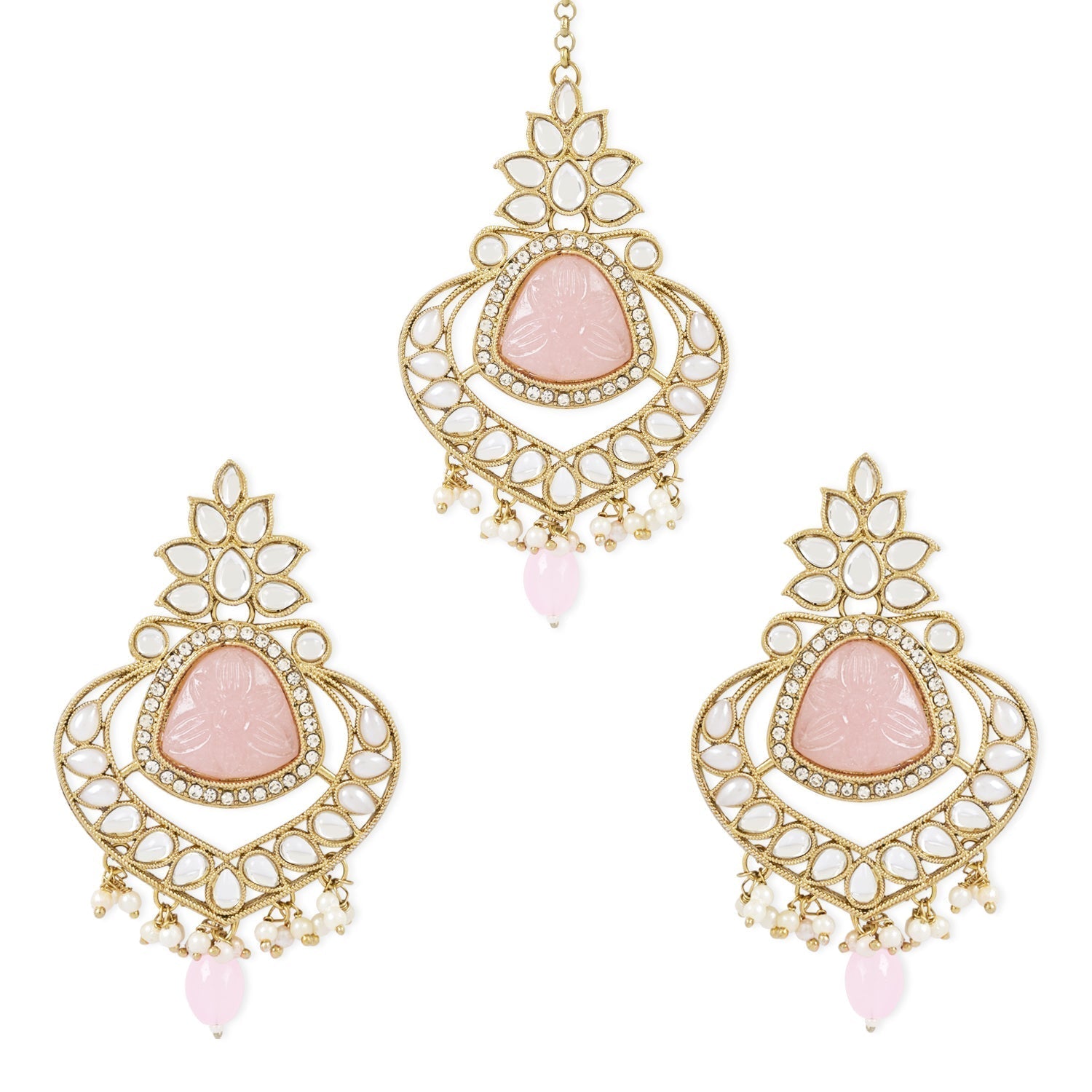 Gold-Polished Traditional Pearl Hanging Kundan Stone Chandbali Earring With Maang Tikka For Women/Girls - Wahe Jewels - Swadesiicart