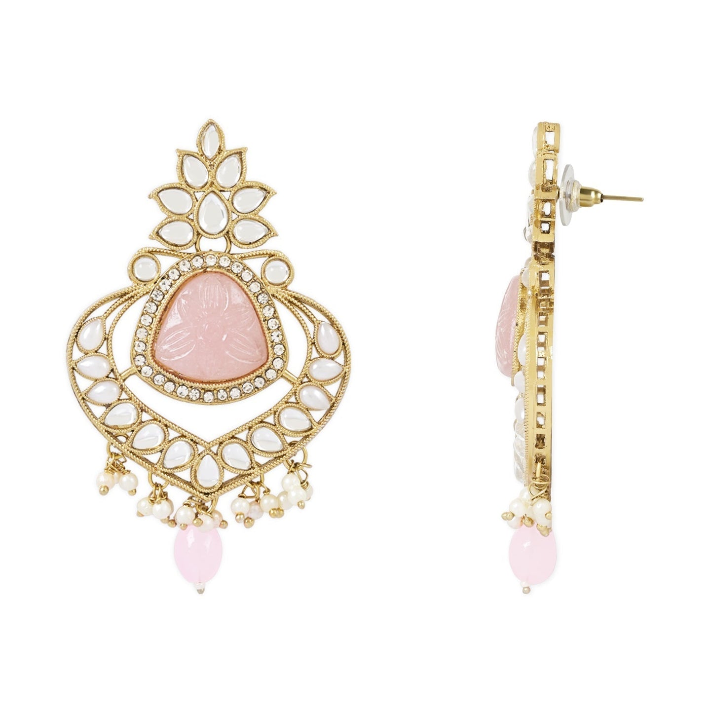 Gold-Polished Traditional Pearl Hanging Kundan Stone Chandbali Earring With Maang Tikka For Women/Girls - Wahe Jewels - Swadesiicart