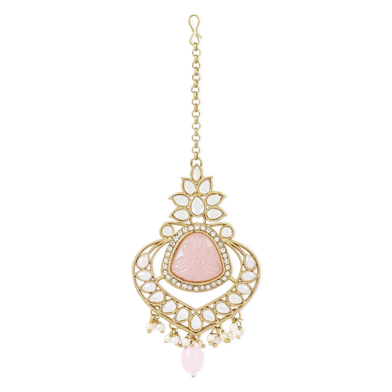 Gold-Polished Traditional Pearl Hanging Kundan Stone Chandbali Earring With Maang Tikka For Women/Girls - Wahe Jewels - Swadesiicart