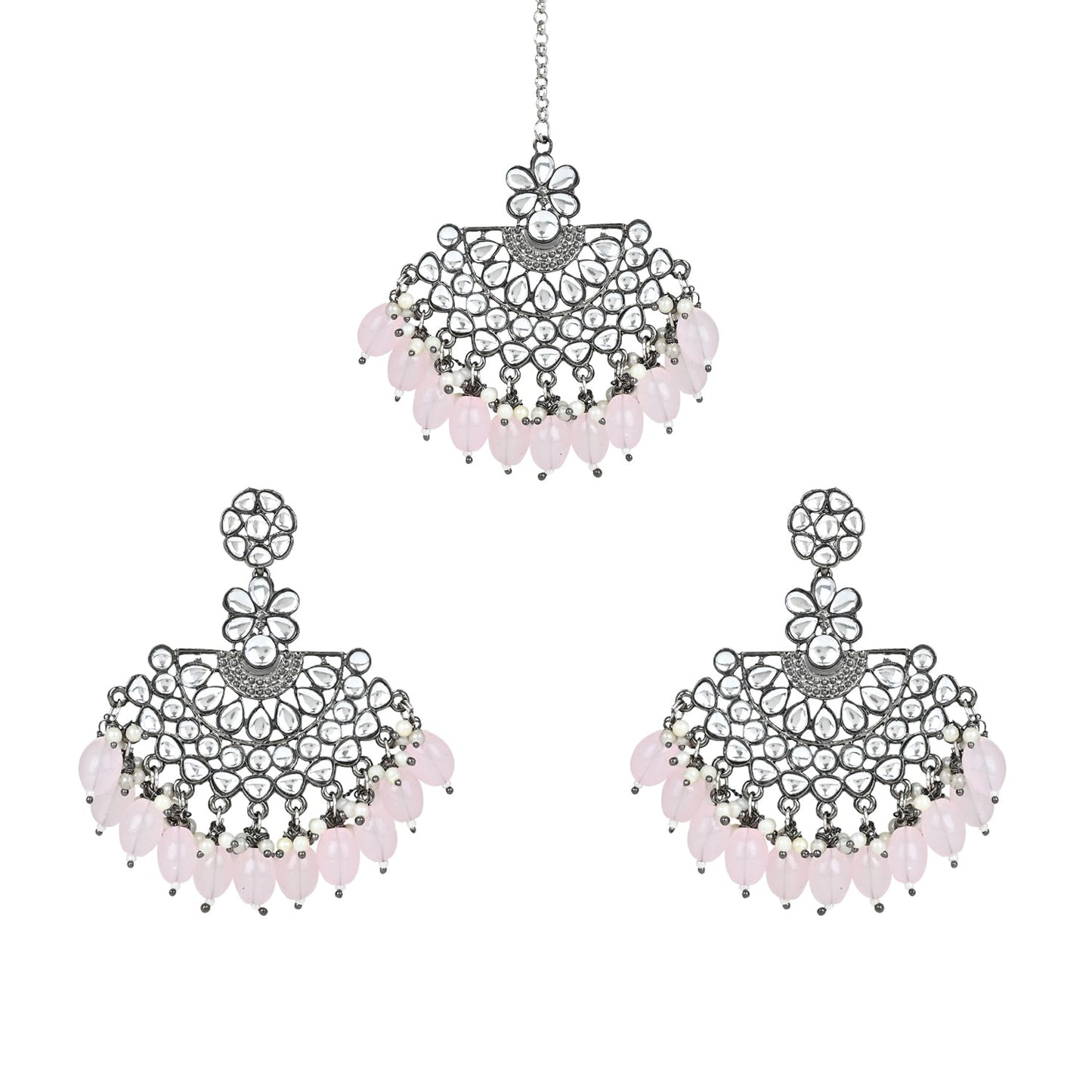 Ethnic Stylish Silver Oxidised Kundan Pearl Chandbali Earrings With Maang Tikka Set For Women And Girls - Wahe Jewels - Swadesiicart