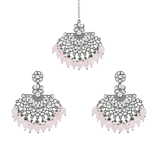 Ethnic Stylish Silver Oxidised Kundan Pearl Chandbali Earrings With Maang Tikka Set For Women And Girls - Wahe Jewels - Swadesiicart