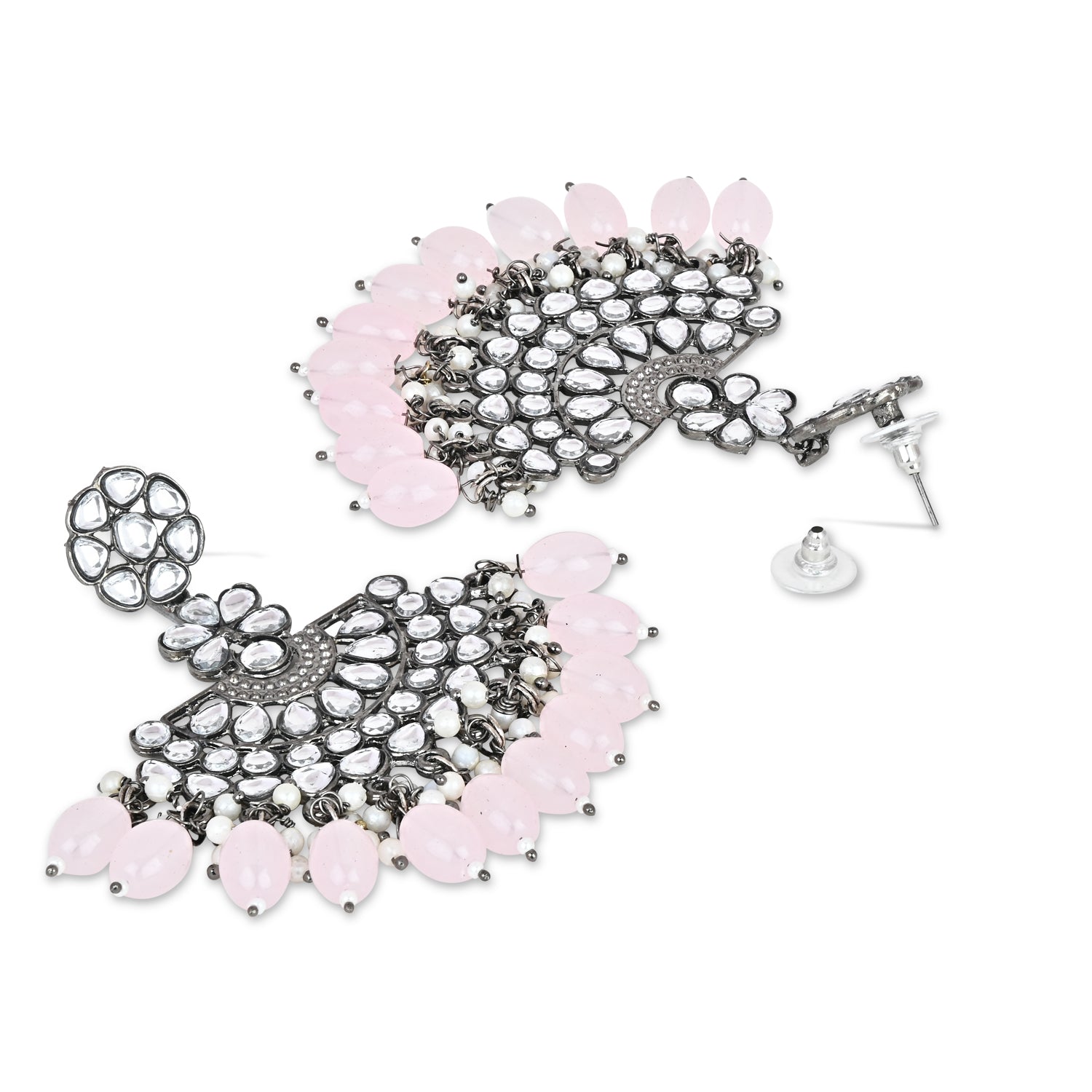 Ethnic Stylish Silver Oxidised Kundan Pearl Chandbali Earrings With Maang Tikka Set For Women And Girls - Wahe Jewels - Swadesiicart