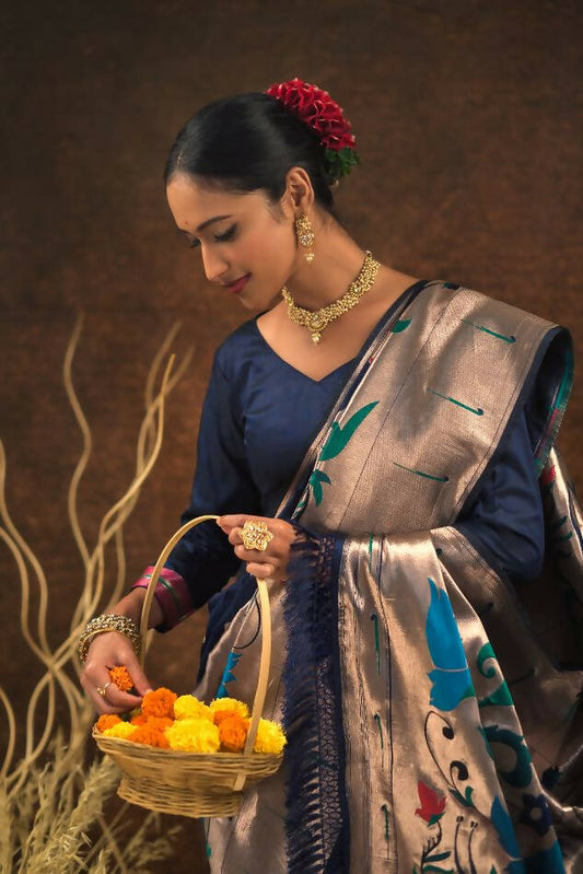 Vishnu Weaves Women's Blue Paithani Silk Zari Woven Saree with Unstitched Blouse - Swadesiicart