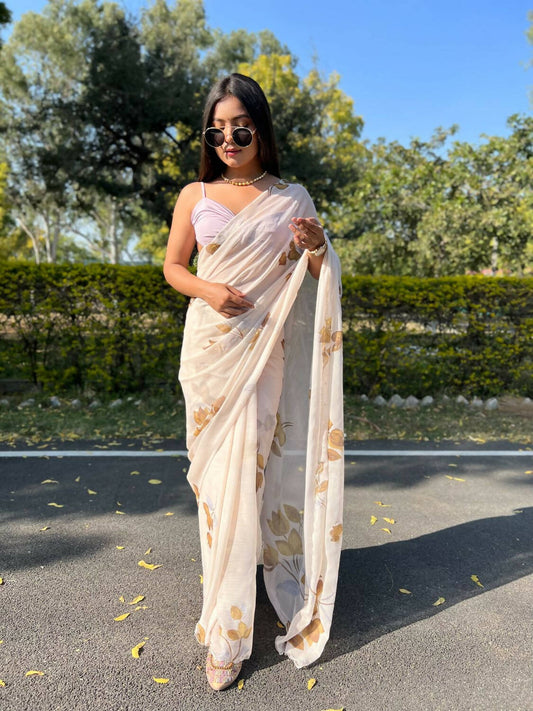 Vamsee Cream Chiffon Designer Saree - Swadesiicart