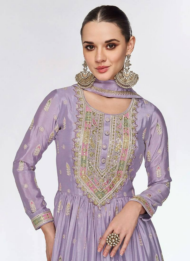 Lorenvalley Fashion Lavender Chinon Embroidery With Sequince Work Gown Stitched | Swadesiicart