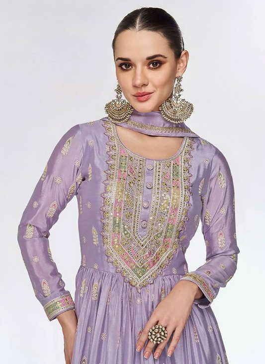 Lorenvalley Fashion Lavender Chinon Embroidery With Sequince Work Gown Stitched | Swadesiicart
