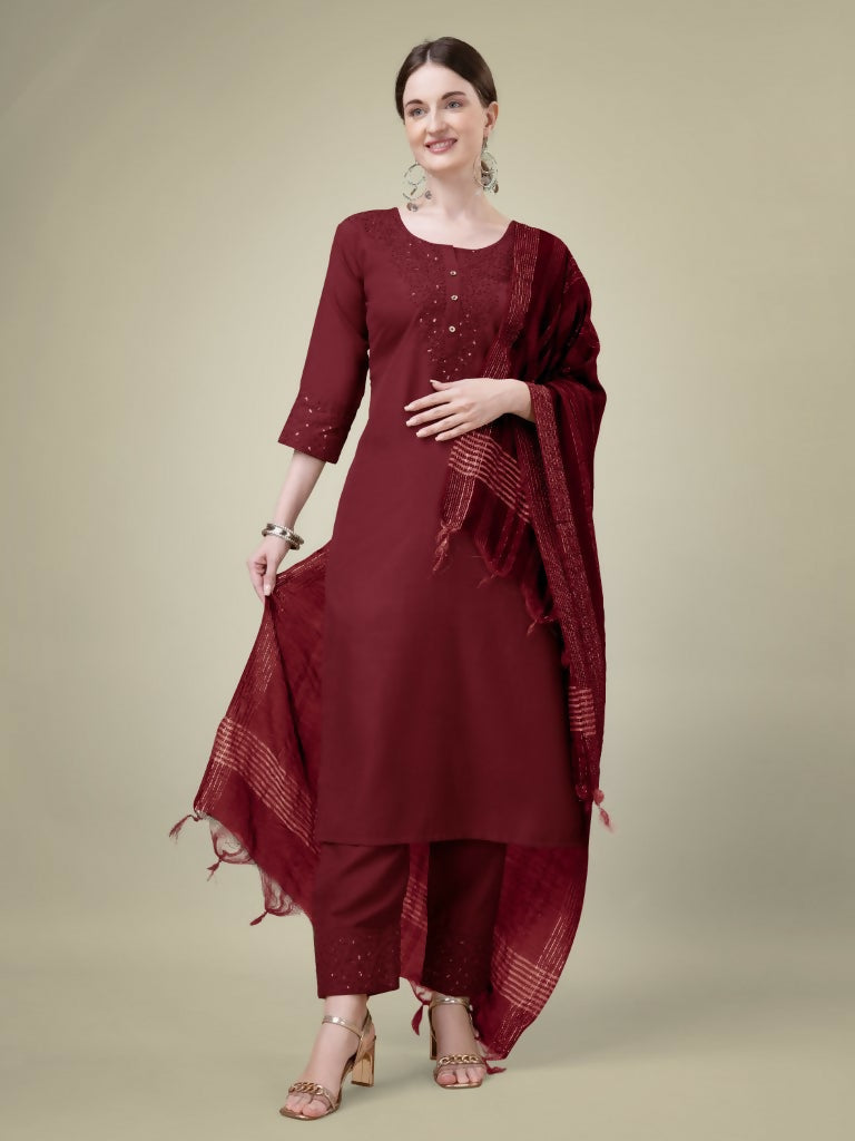 Jyoti Fashion Women's Maroon Cotton Blend Embroidery & Sequence work Kurta with Trouser & Dupatta | Swadesiicart