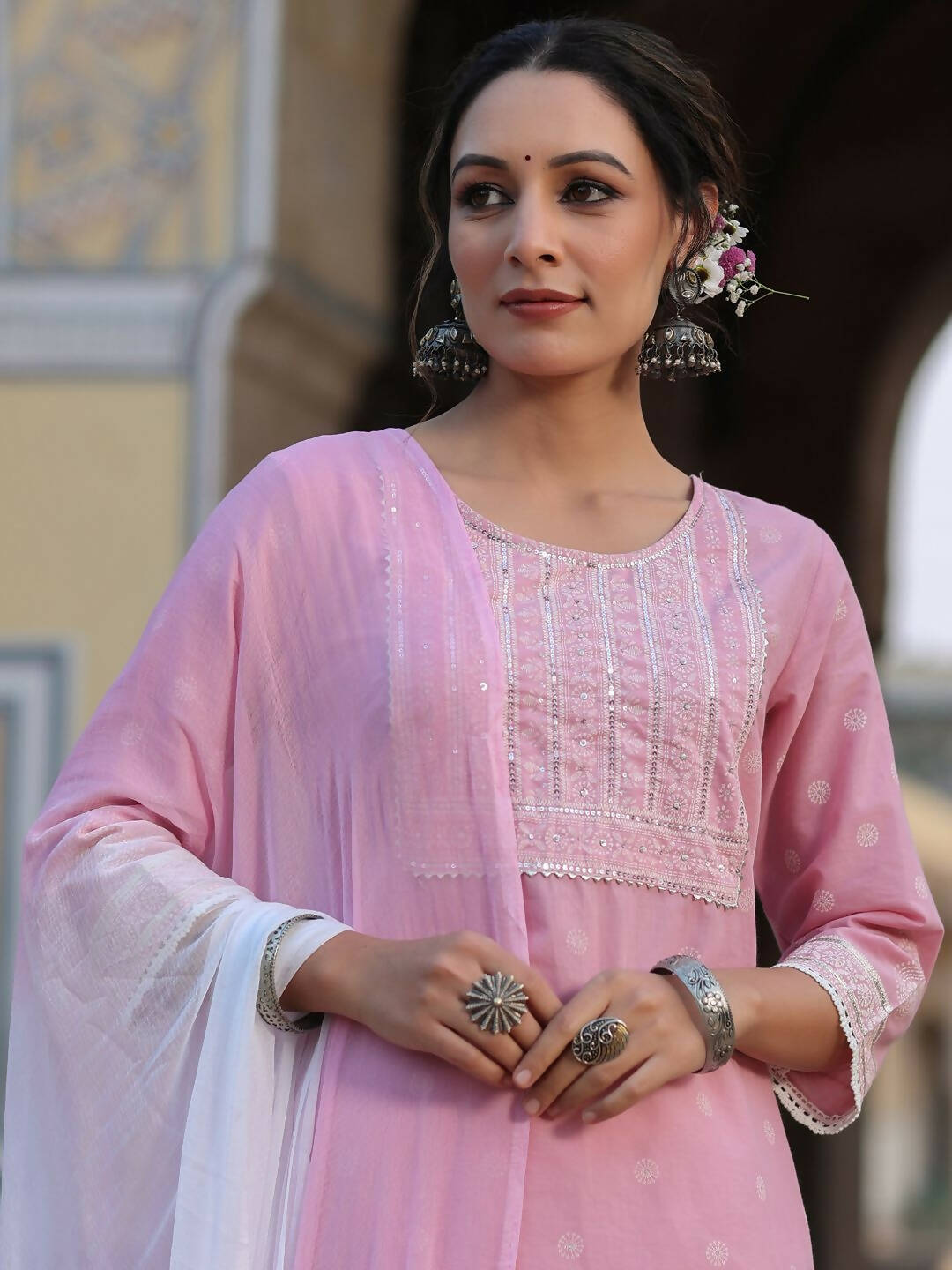 Juniper Women's Pink Cambric Floral Print Kurta Sharara Sets | Swadesiicart