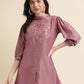 Dust Pink Chinon Yoke Embroidered A-line Top - Tarini - Swadesiicart