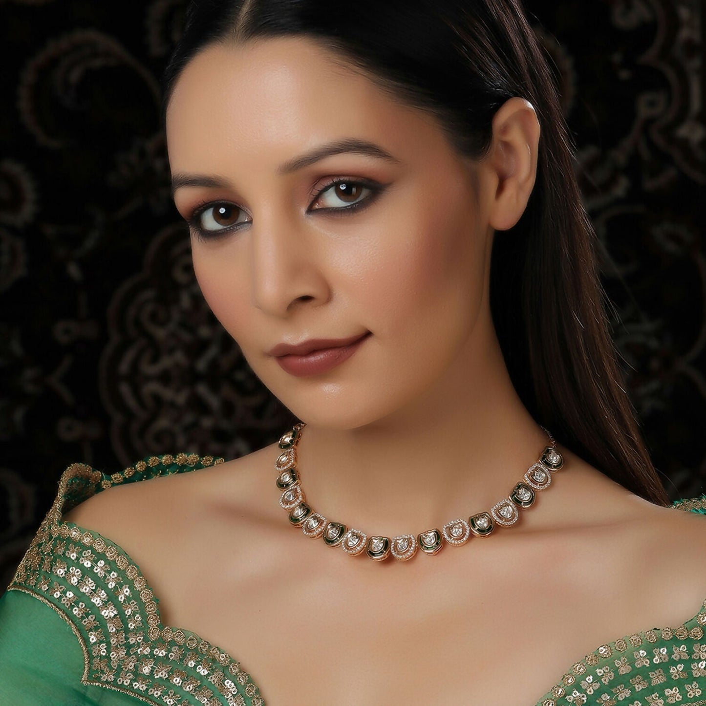 Kundan and Daimond Neckpiece (Gold) - Ruby Raang | Swadesiicart