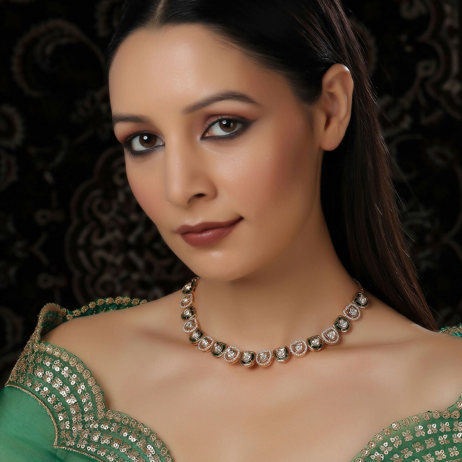 Kundan and Daimond Neckpiece (Gold) - Ruby Raang | Swadesiicart