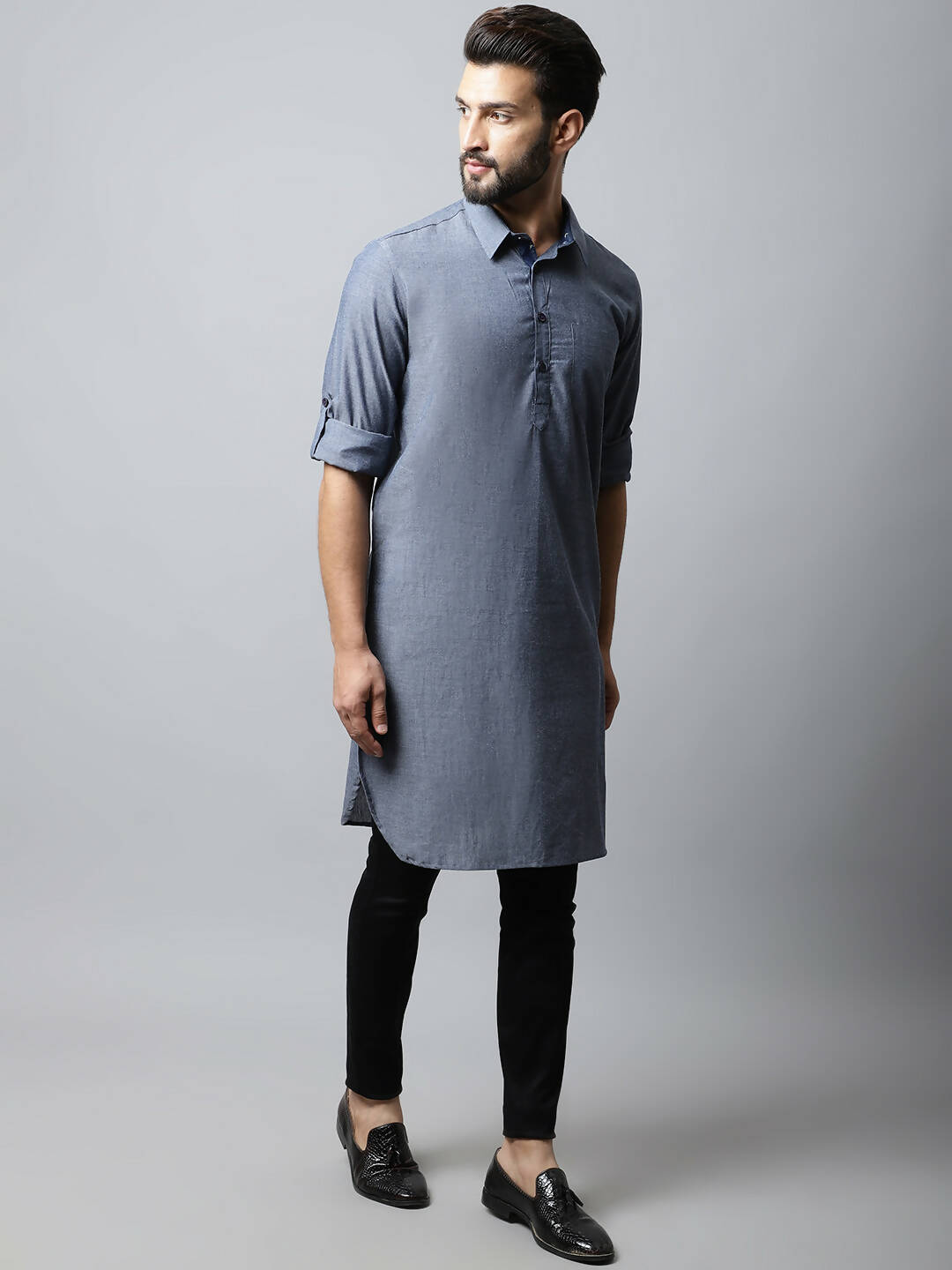 Even Apparels Grey Color Pure Cotton Solid Men's Kurta With Shirt Collar (MMS149) | Swadesiicart