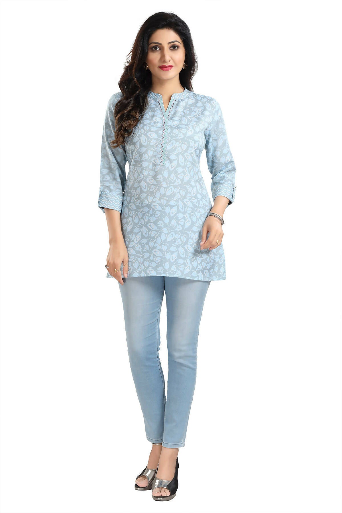 Snehal Creations Pretty Pastel Blue Rayon Short Kurti Tunic Top - Swadesiicart
