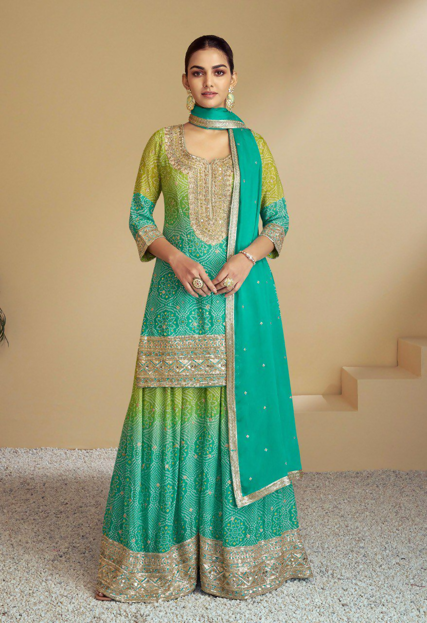 Lorenvalley Fashion Green and Teal Chinon Embroidery With Sequince Work Salwar Kameez Stitched | Swadesiicart