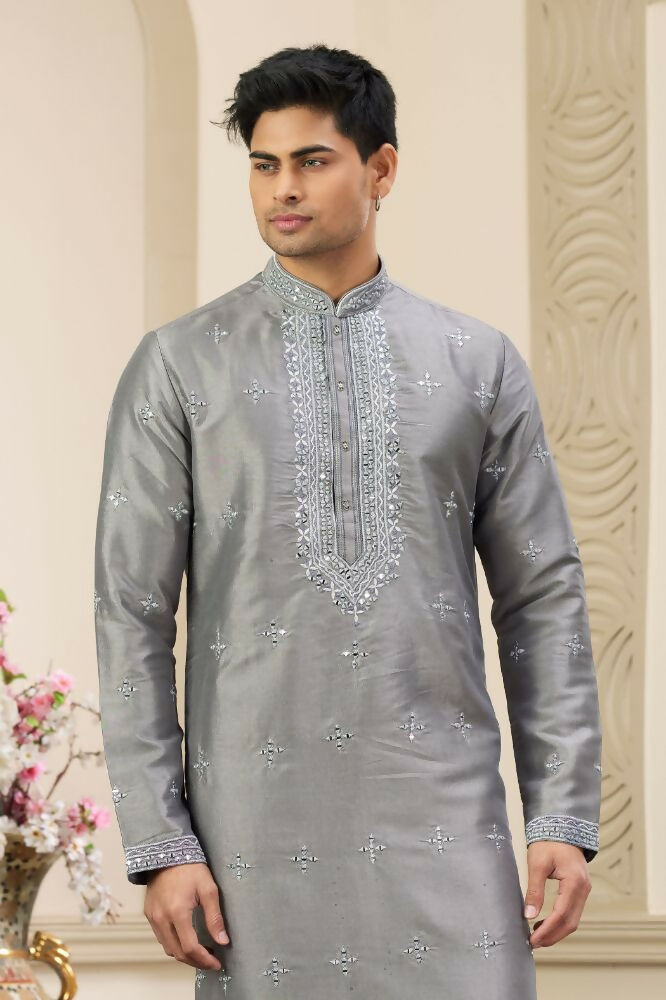 Raivat Ethnic Banarasi Art Silk Thread and Mirror Work Kurta Pajama In Grey Colour | Swadesiicart