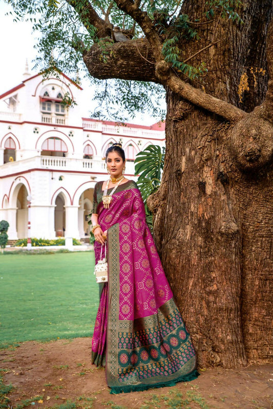 Vishnu Weaves Women's Wine Patola Banarasi Silk Meenakari Zari Woven Saree with Blouse - Swadesiicart