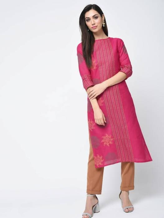 Aniyah Cotton Block Printed Straight Kurta Magenta Color (AN-127K) - Swadesiicart