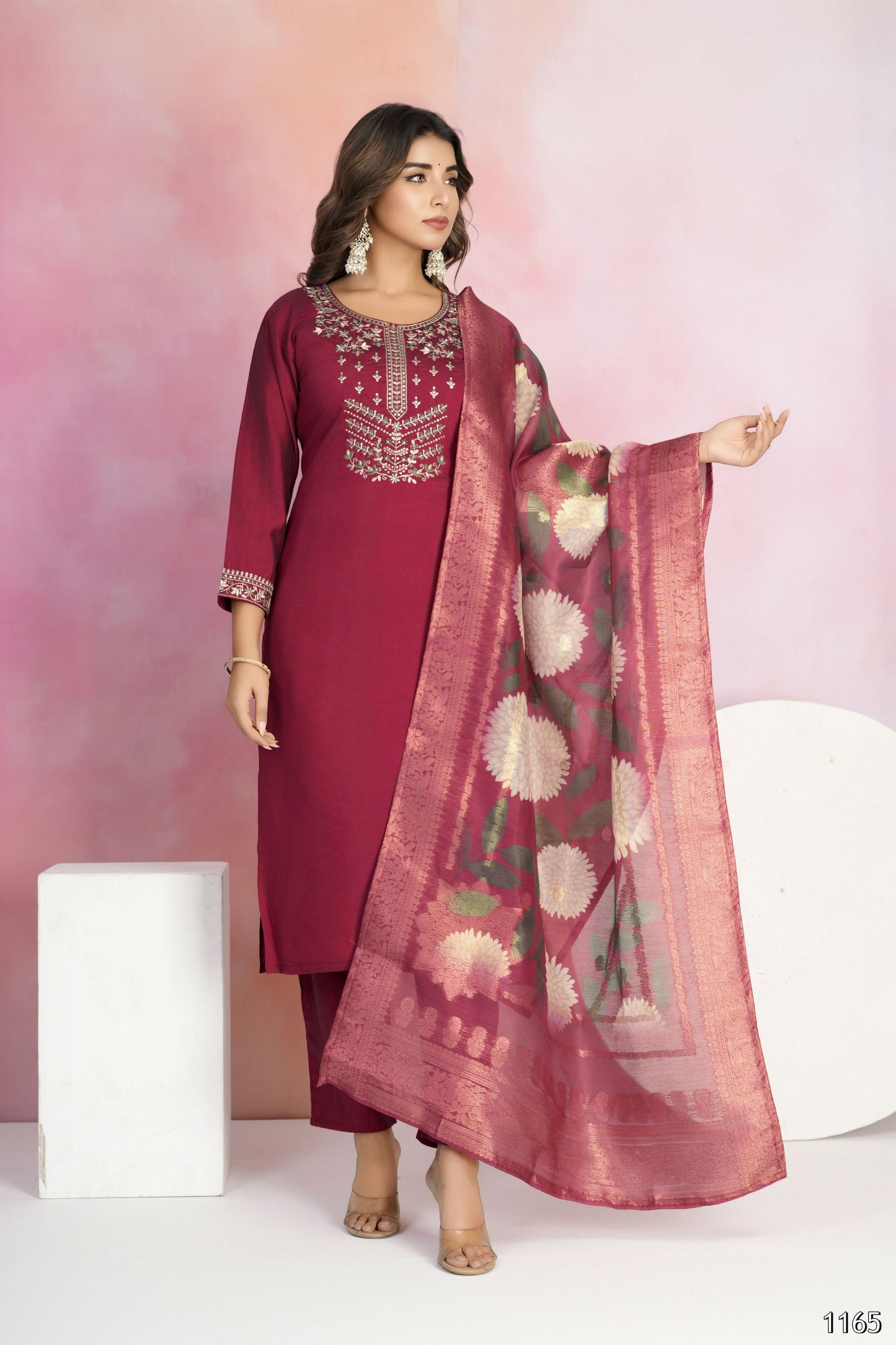 Ethnic Festive Wear Viscose Chanderi Maroon Stitched Suit With Dupatta - Tanisha | Swadesiicart