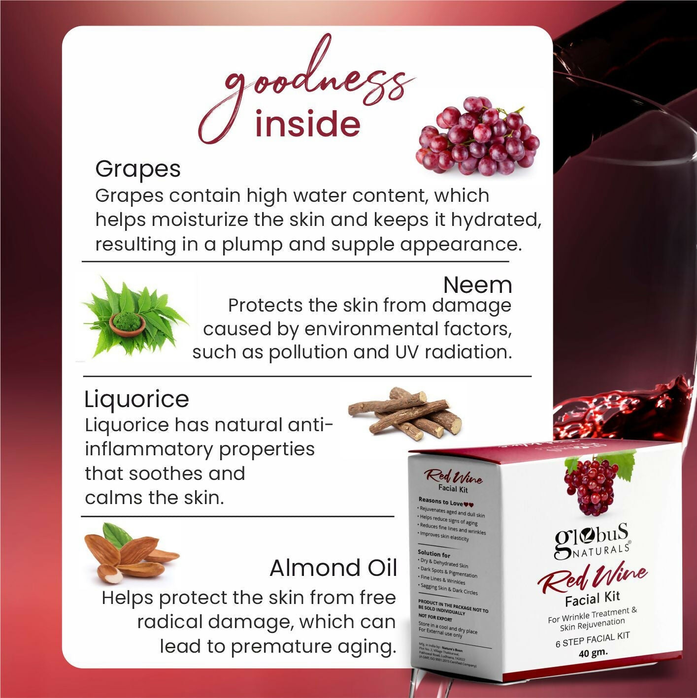 Globus Naturals Anti-Ageing Red Wine 6 Step Facial Kit | Swadesiicart