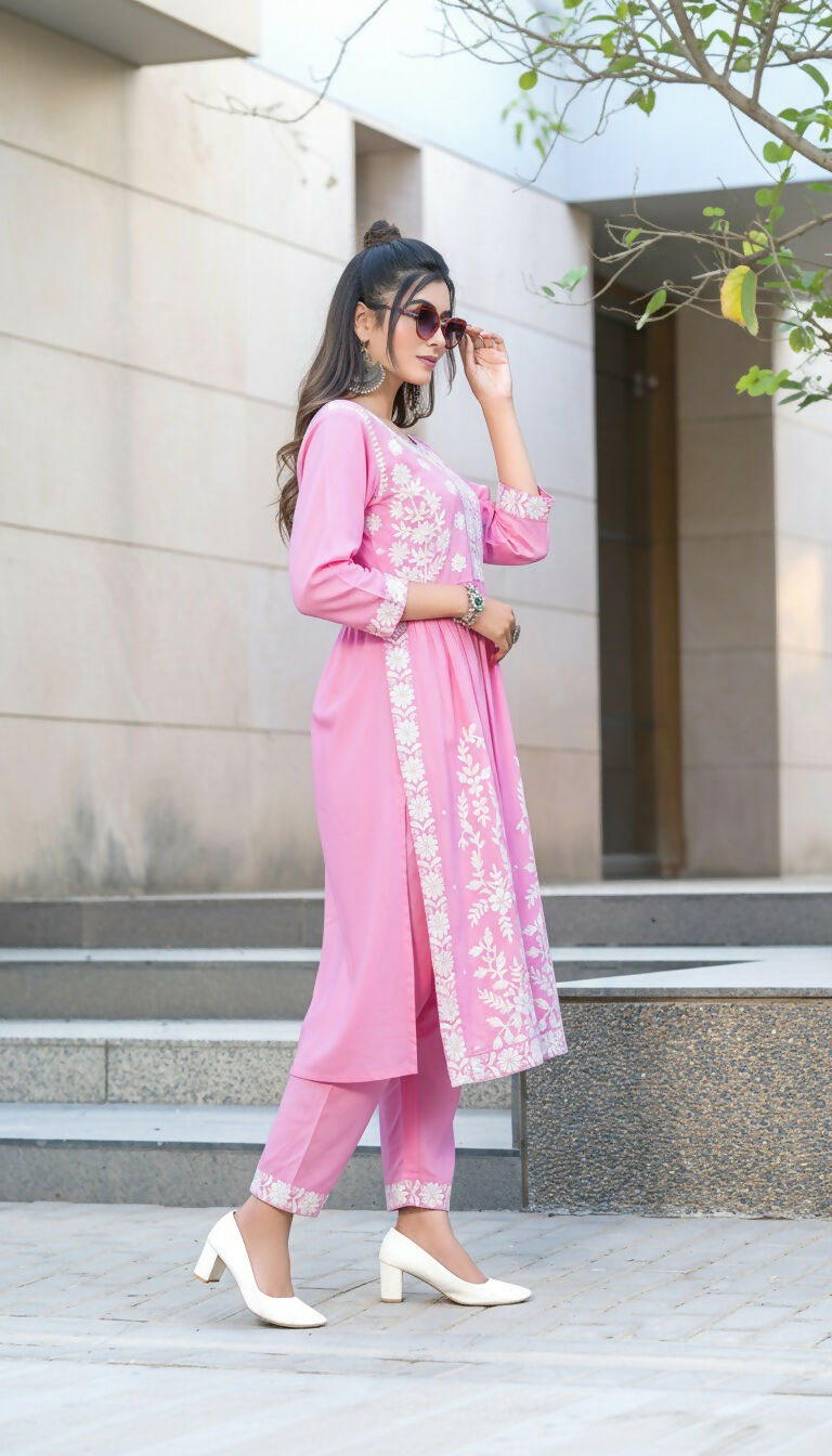 BulBul Arushi Pink Rayon Kurta Set with Lucknowi Work - Swadesiicart
