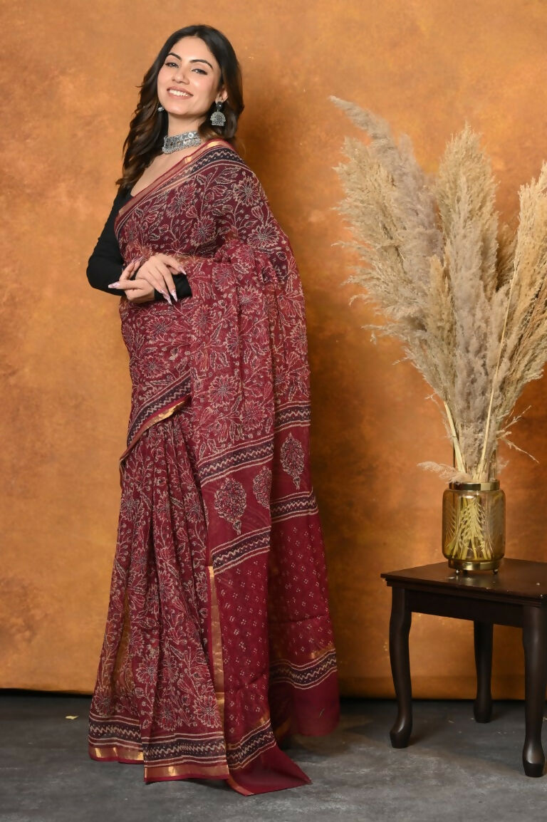 Very Much Indian Pure Kota Cotton Handblock Printed Saree - Red | Swadesiicart