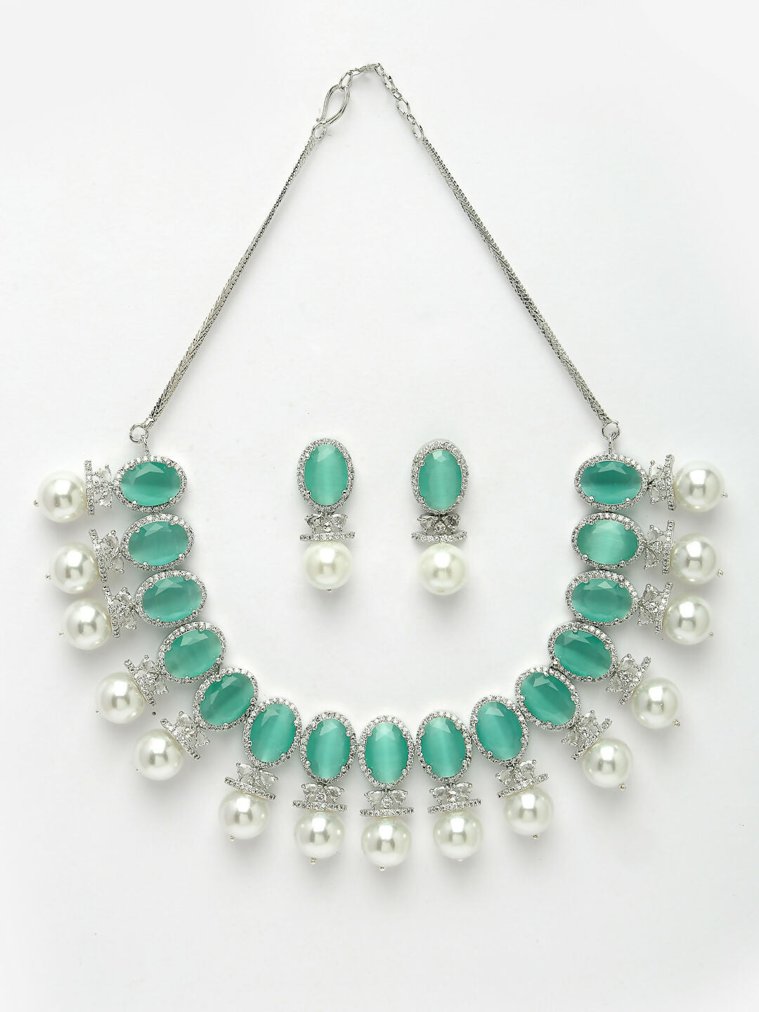 NVR Women's Silver-Plated Green American Diamond Studded Handcrafted Jewellery Set - Swadesiicart
