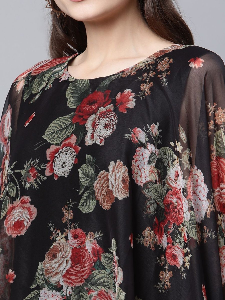 Ahalyaa Women Black Crepe Dress With Attached Dupatta | Swadesiicart