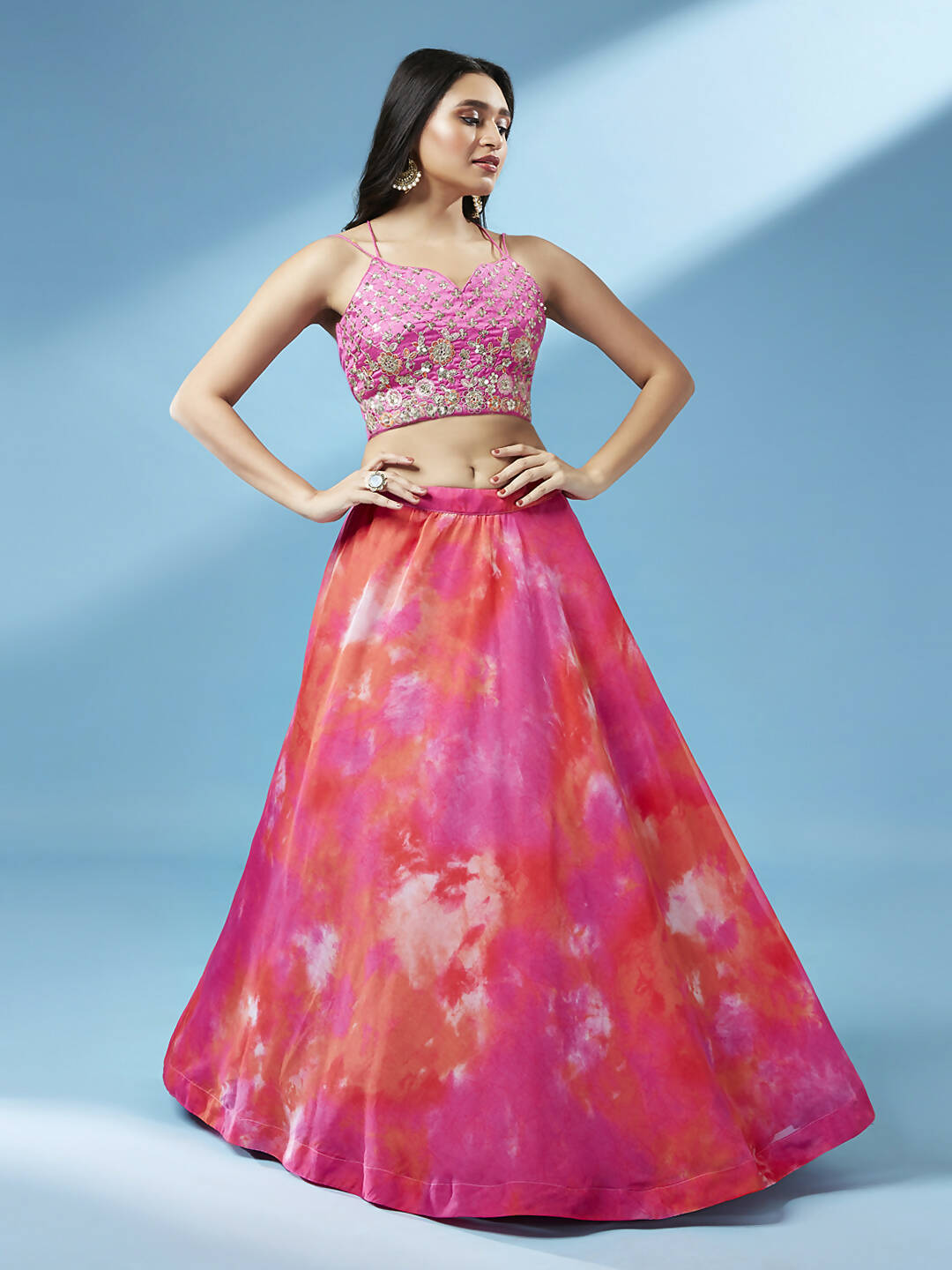 House of Panchhi Orange Organza Shibori Printed Lehenga choli & Dupatta | Swadesiicart