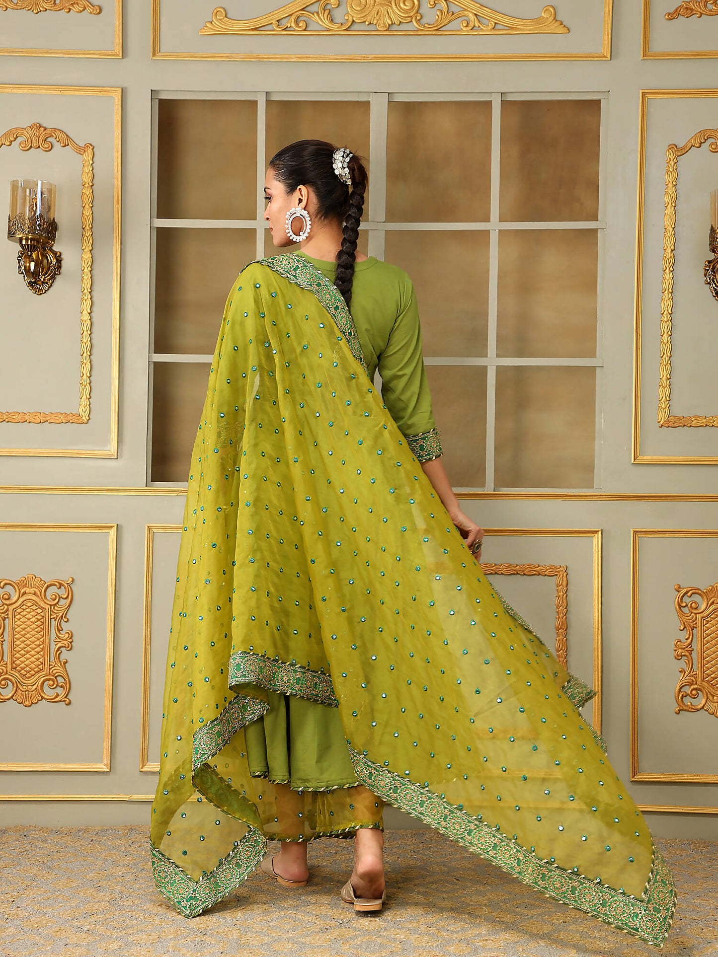 Pomcha Jaipur Green Saadgi Mehendi Green Mirror Work Angrakha Set | Swadesiicart
