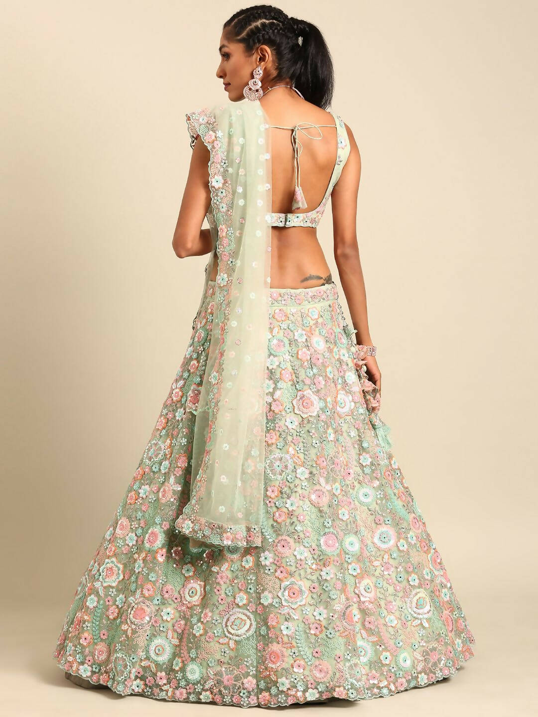 House of Panchhi Lime Green Net Sequins, Mirror and thread embroidery Lehenga choli & Dupatta | Swadesiicart