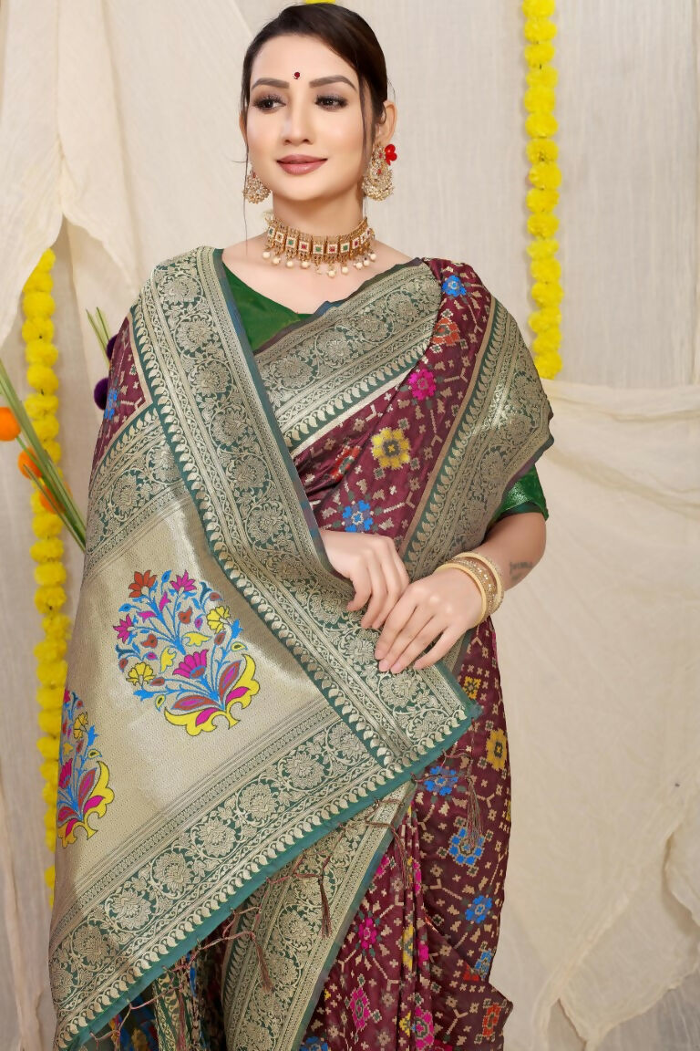 Jyoti Fashion Women's Wine Patola Silk Zari Woven Saree with Blouse | Swadesiicart