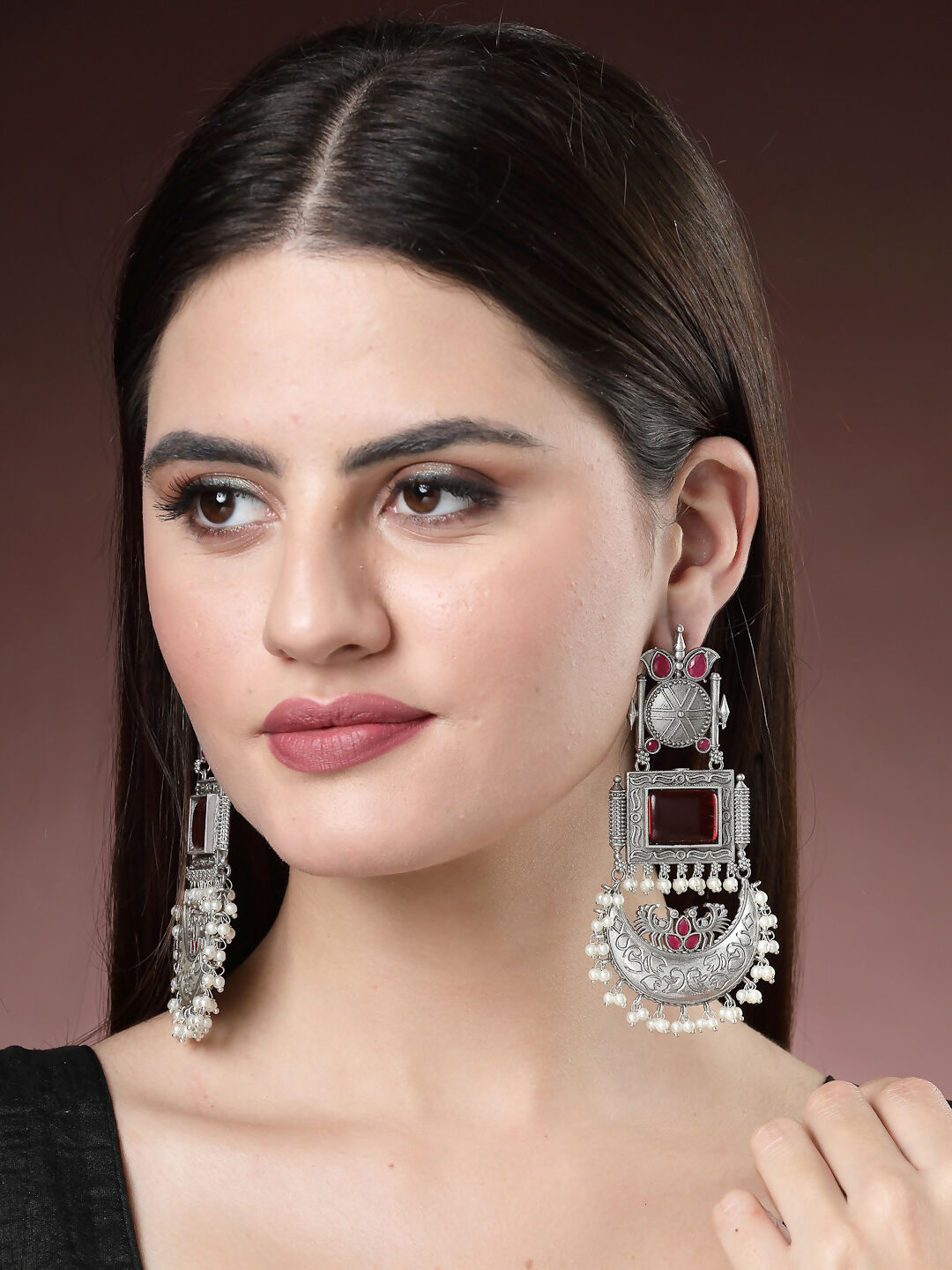 NVR Women's Silver-Plated Artificial Stones and Beads Chandbali Earrings | Swadesiicart