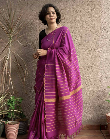 Exclusive Collection Khadi Cotton Handloom Khesh Saree With Blouse Piece - Purple - Swadesiicart