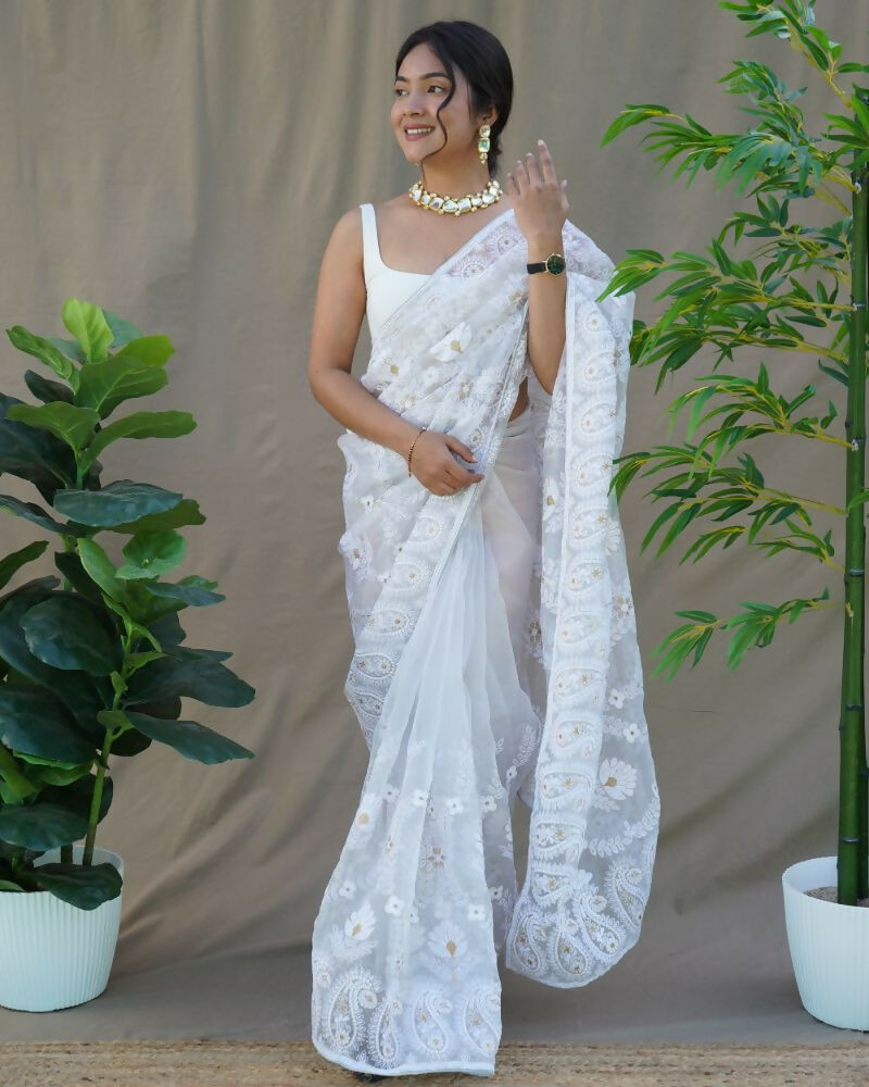 Vamsee Amisha White Organza Saree - Swadesiicart
