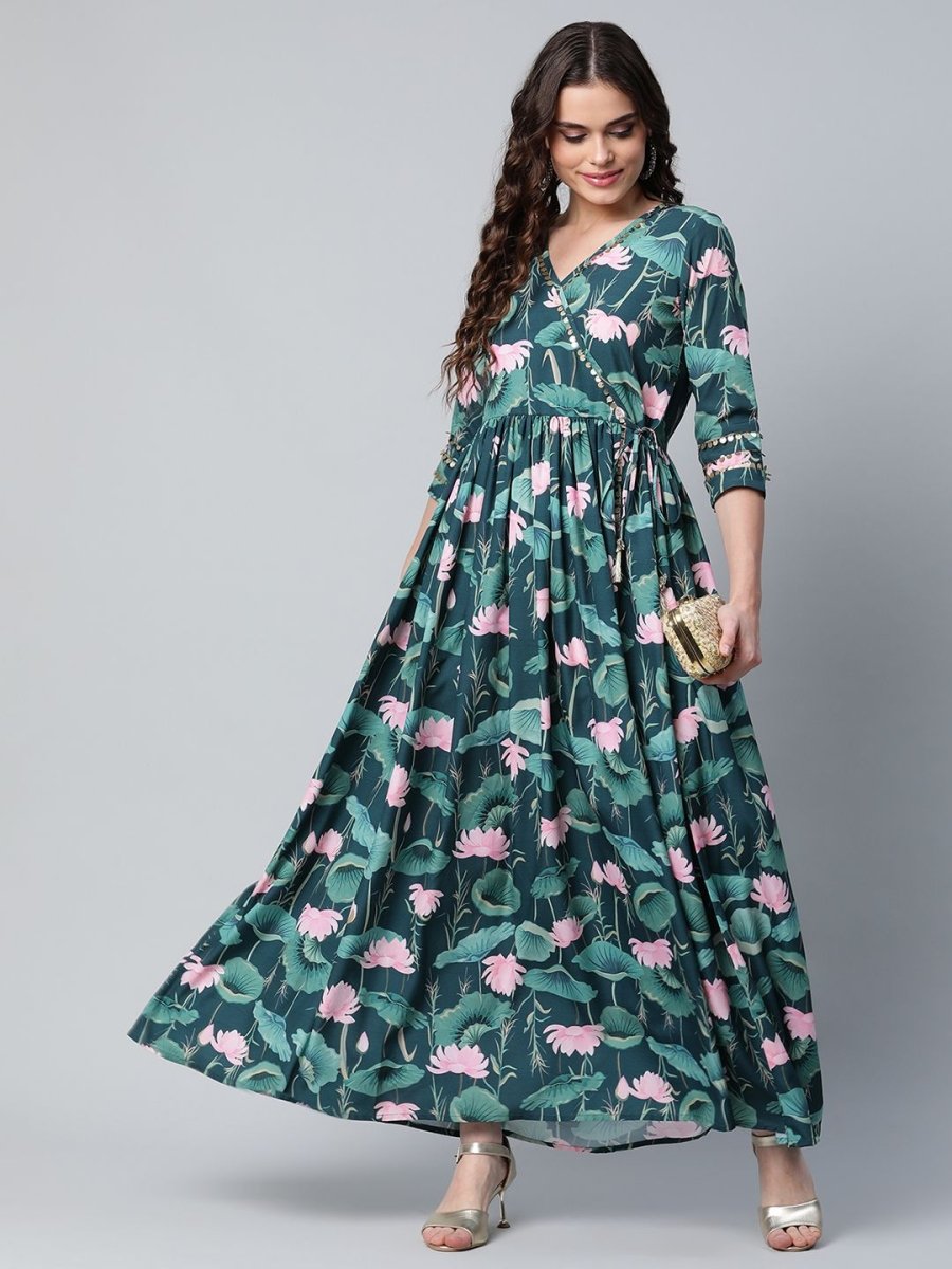 Ahalyaa Women Dark Green Crepe Digital Print Dress | Swadesiicart