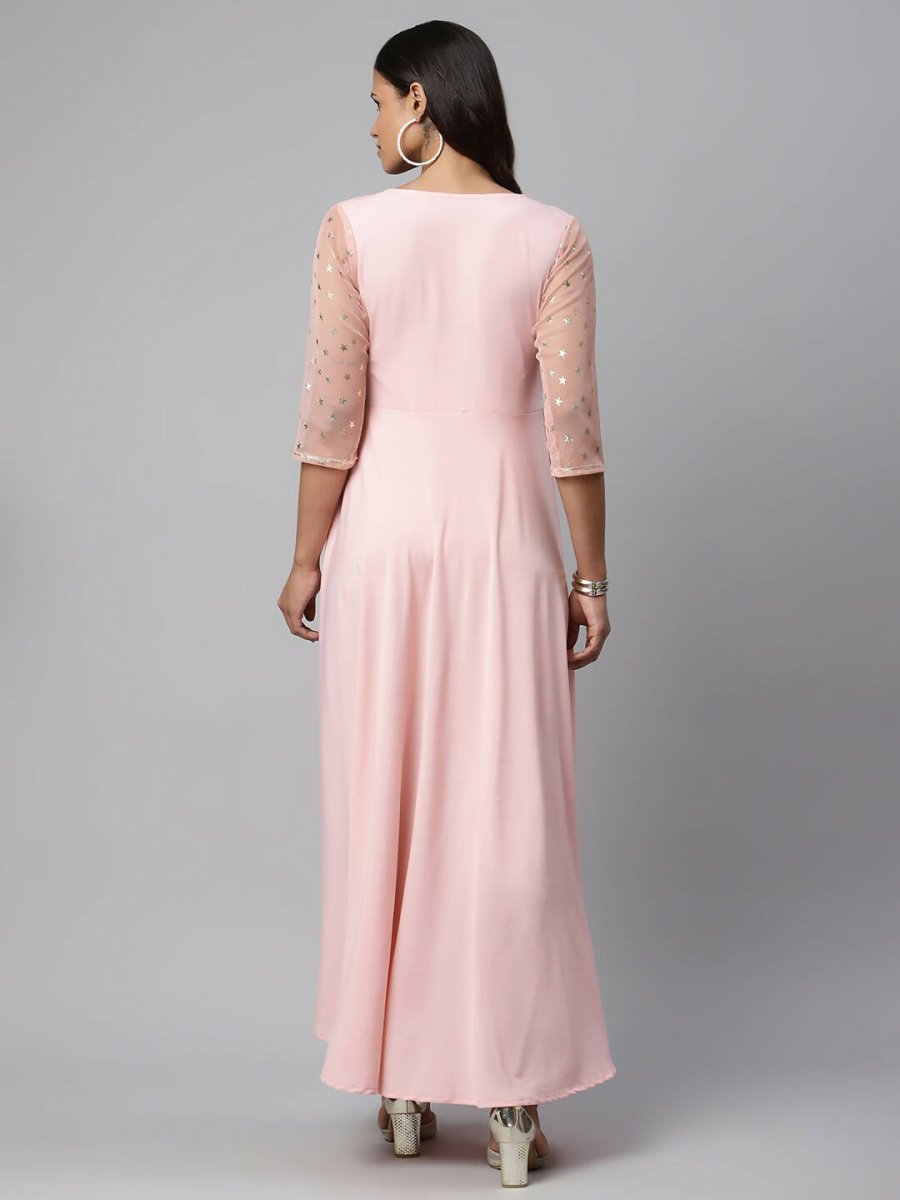 Ahalyaa Women Pink Crepe & Net Foil Print Dress | Swadesiicart