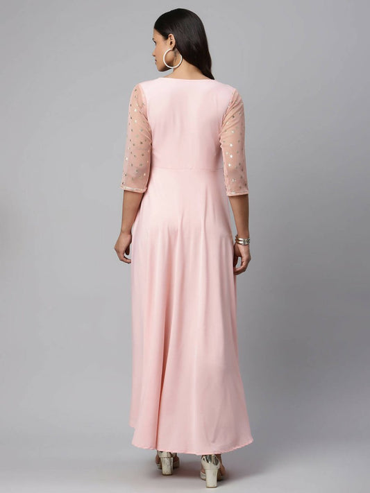 Ahalyaa Women Pink Crepe & Net Foil Print Dress | Swadesiicart
