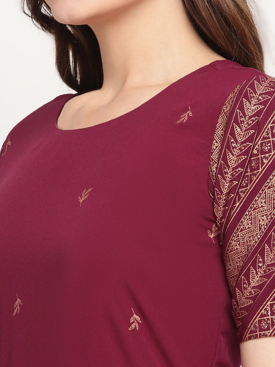 Ahalyaa Women Wine Crepe Glitter Print Dress | Swadesiicart