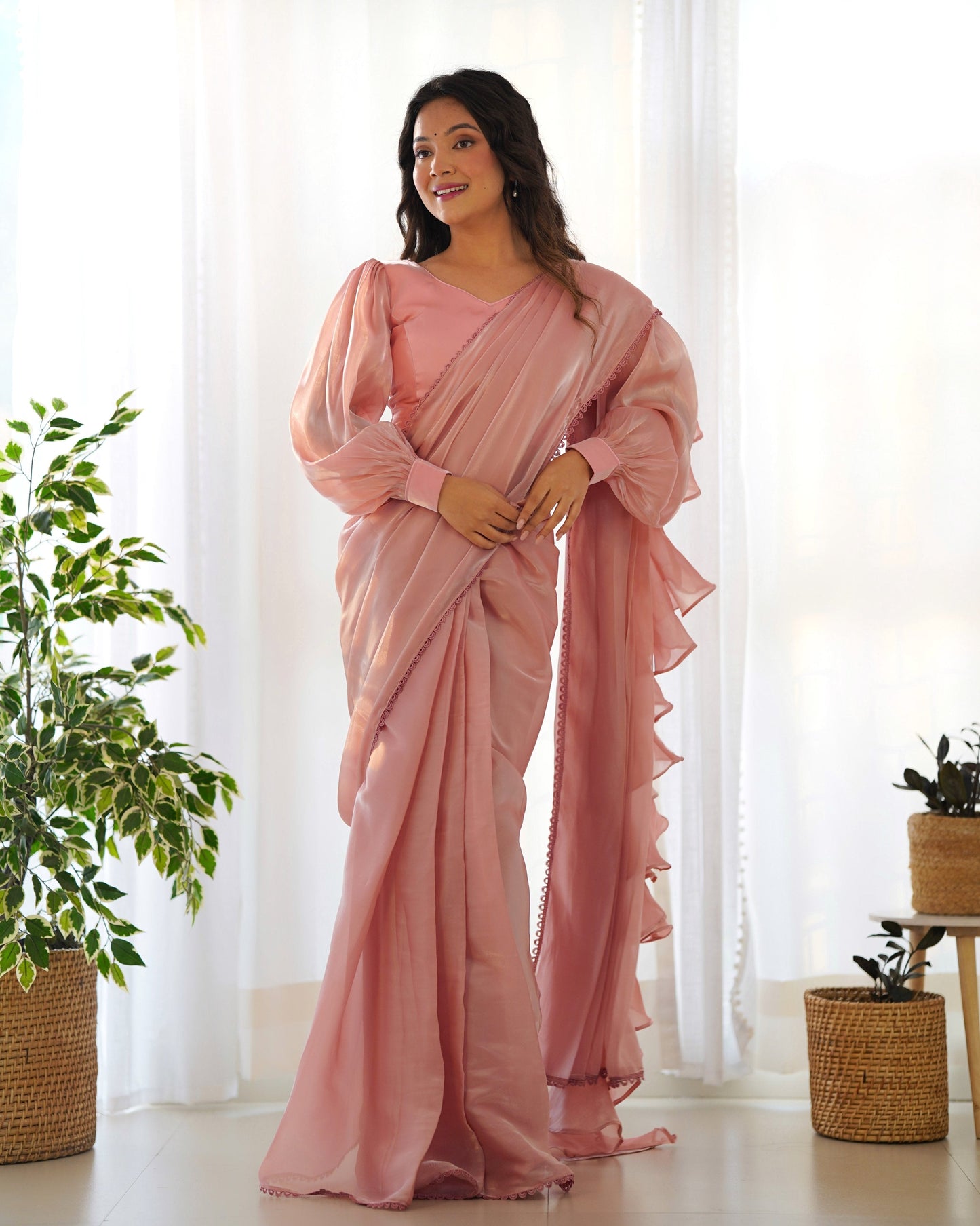 Teeya Creation Peach Color Zimichhu Silk Fully Stitched Ready To Wear Saree | Swadesiicart