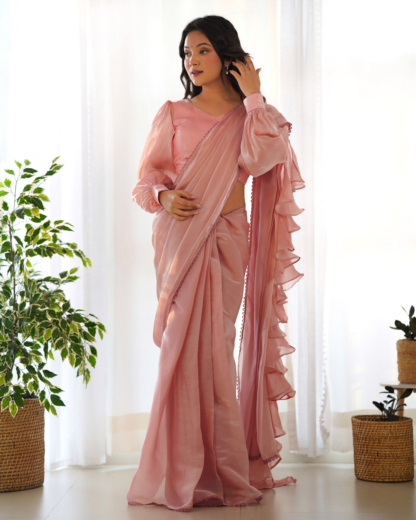 Teeya Creation Peach Color Zimichhu Silk Fully Stitched Ready To Wear Saree | Swadesiicart
