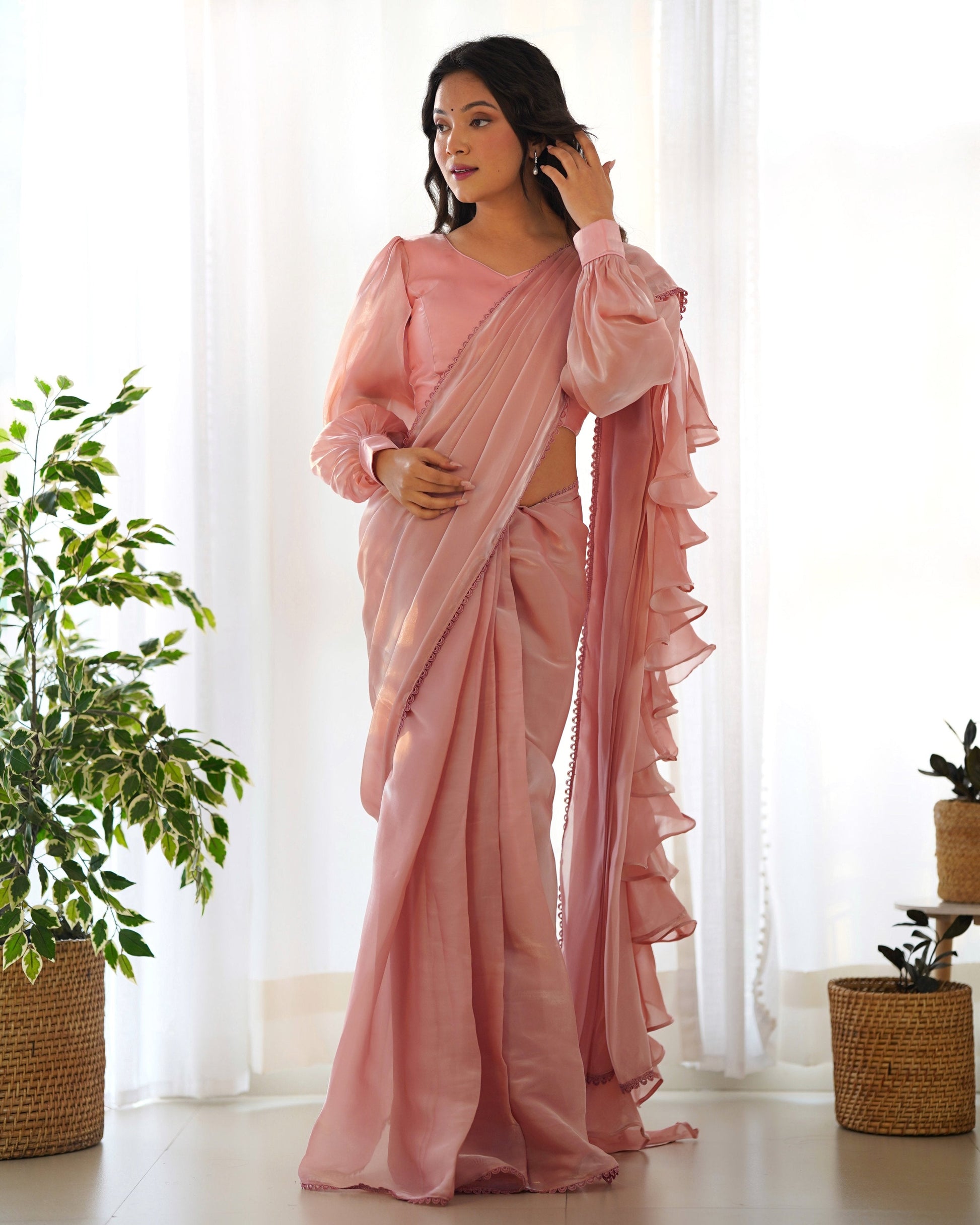 Teeya Creation Peach Color Zimichhu Silk Fully Stitched Ready To Wear Saree | Swadesiicart