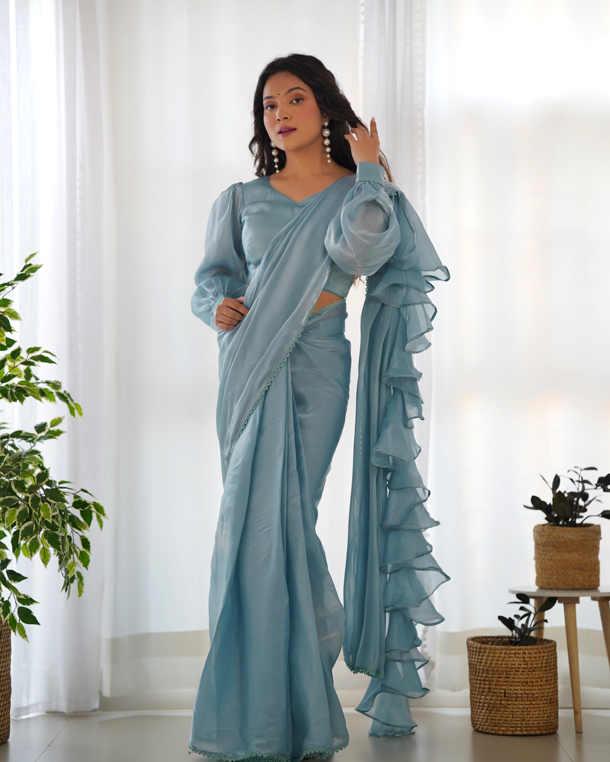 Teeya Creation Sky Color Zimichhu Silk Fully Stitched Ready To Wear Saree | Swadesiicart