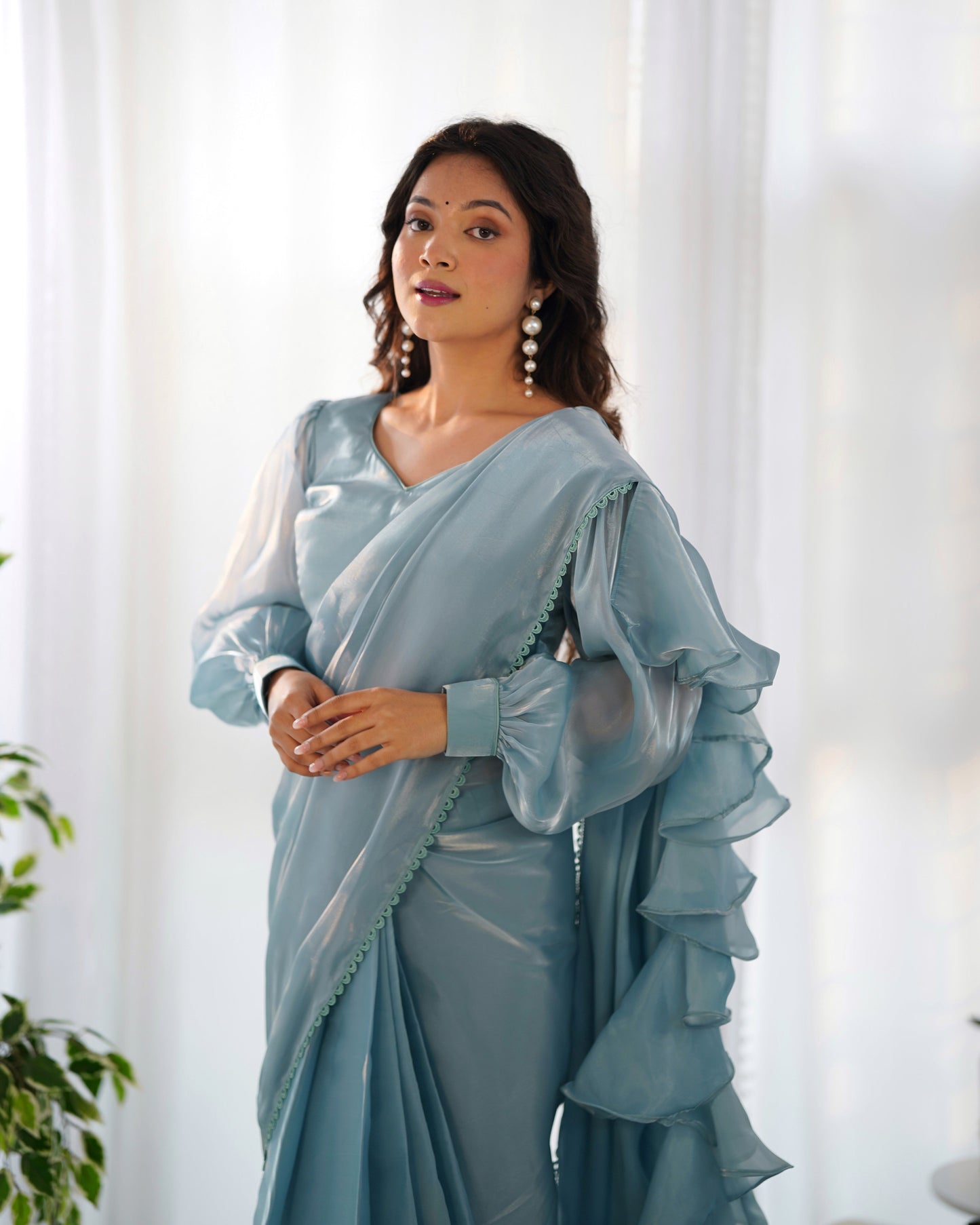 Teeya Creation Sky Color Zimichhu Silk Fully Stitched Ready To Wear Saree | Swadesiicart