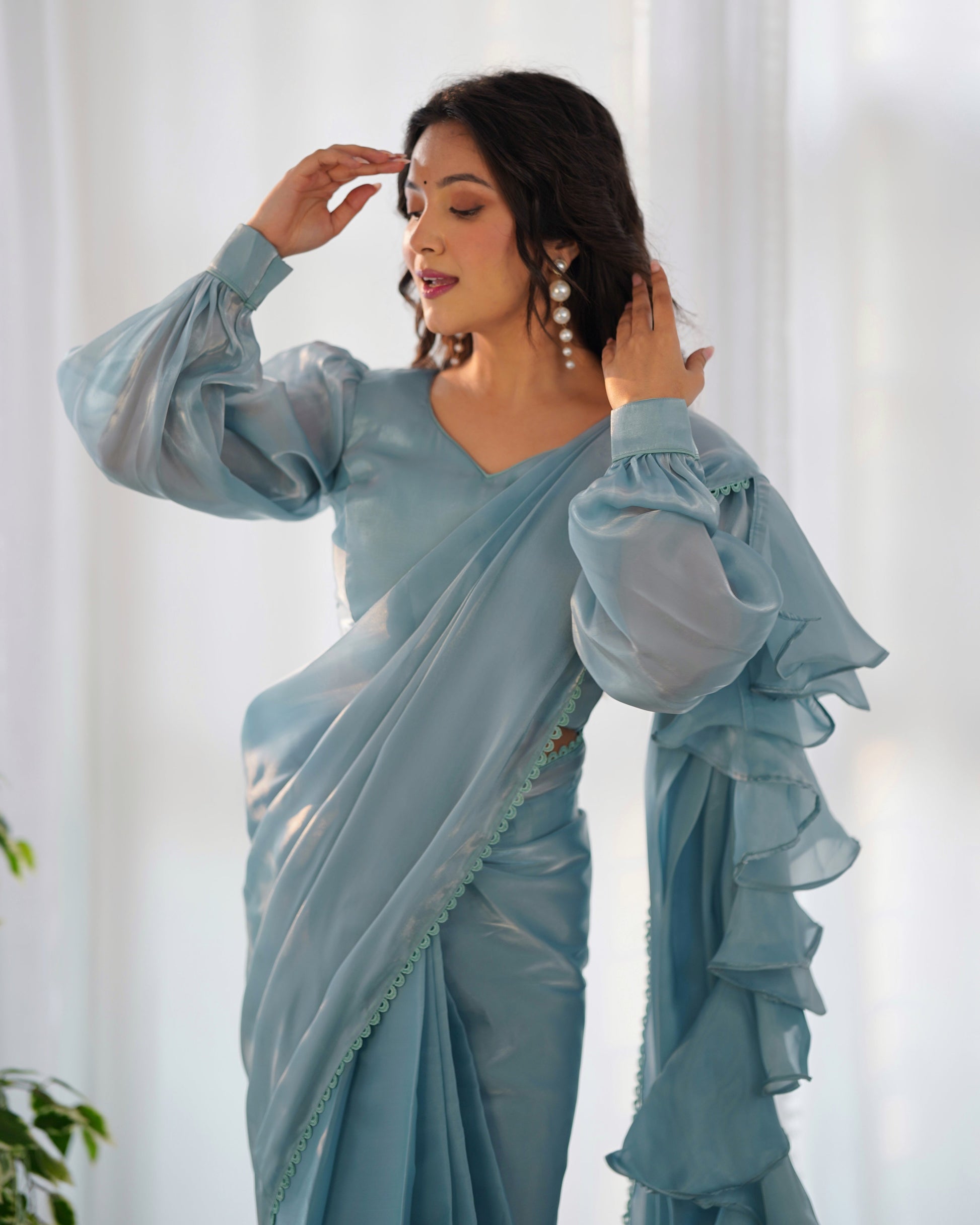 Teeya Creation Sky Color Zimichhu Silk Fully Stitched Ready To Wear Saree | Swadesiicart