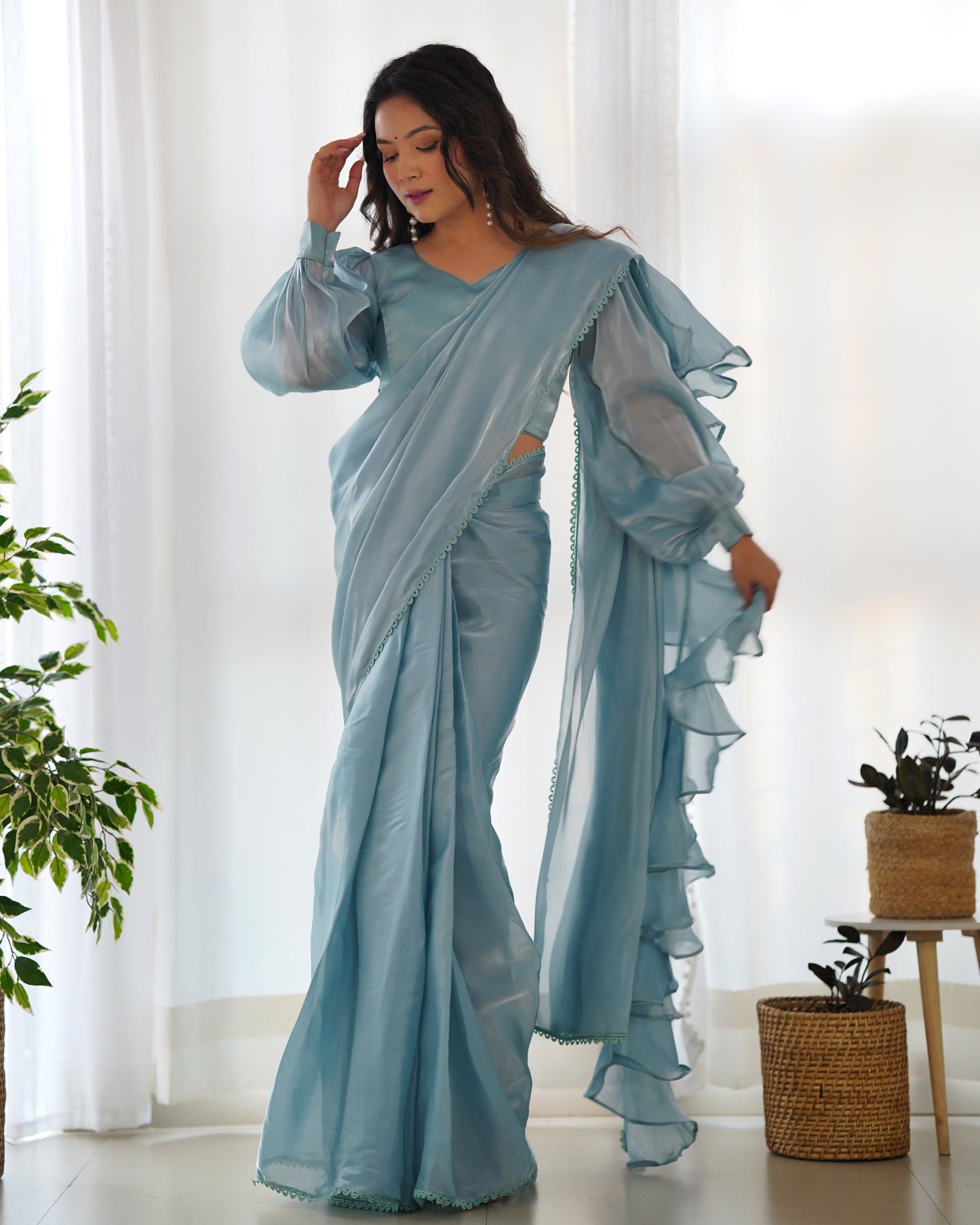 Teeya Creation Sky Color Zimichhu Silk Fully Stitched Ready To Wear Saree | Swadesiicart