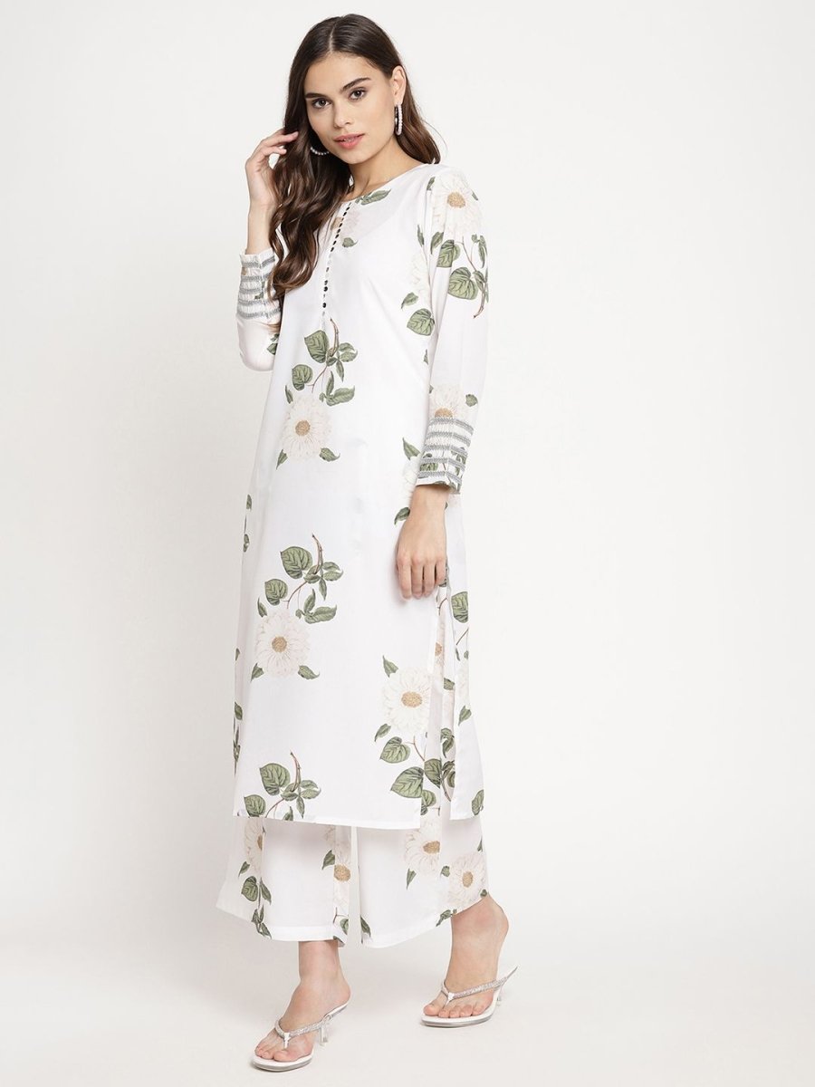 Ahalyaa Women's White Crepe Digital Print Kurta Palazzo Set With Dupatta | Swadesiicart