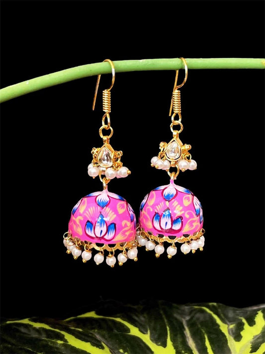 Joban Fashion Pink Brass Meenakai Hand Painted Jhumka With Pachi Kundan Earring | Swadesiicart